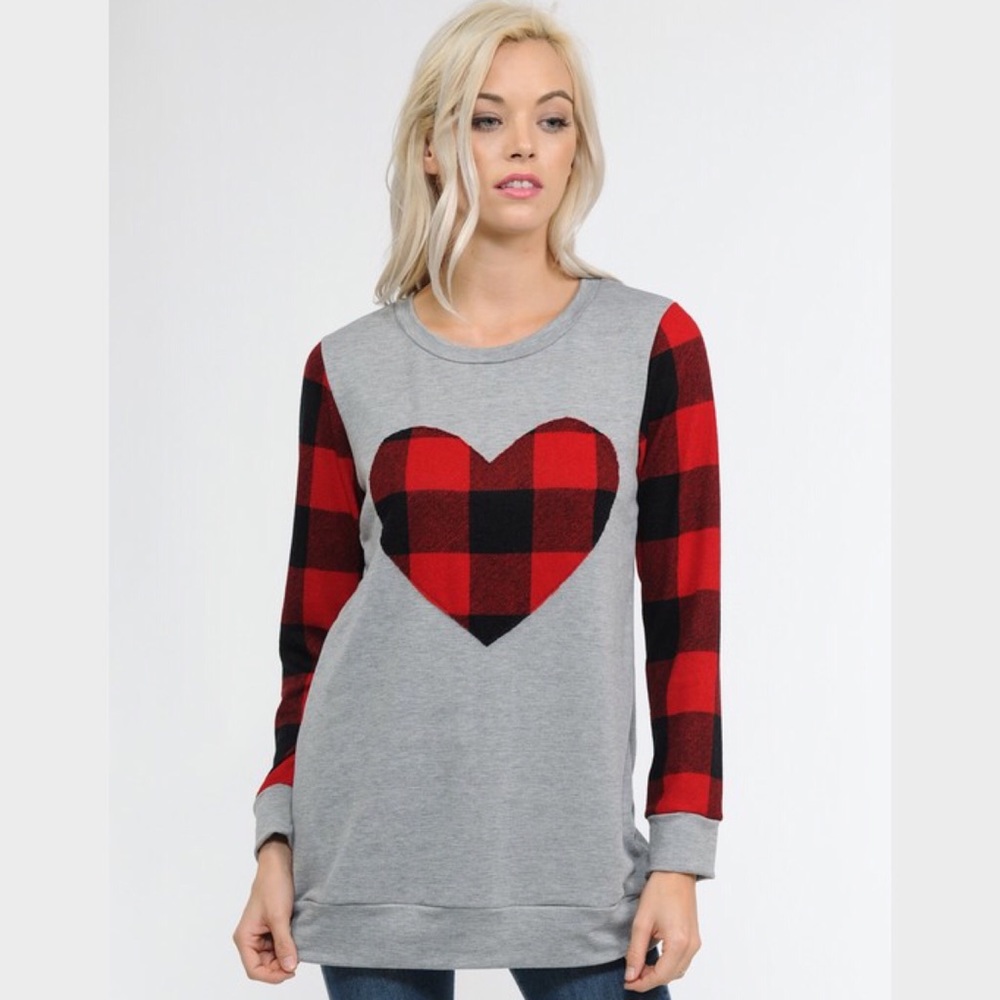 Buffalo Plaid Red and Gray Heart Long Sleeve Top